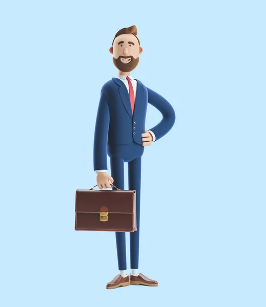 Portret przystojnego bohatera z kreskówek Billy stoisko z walizką. ilustracja 3D na niebieskim tle — Zdjęcie stockowe