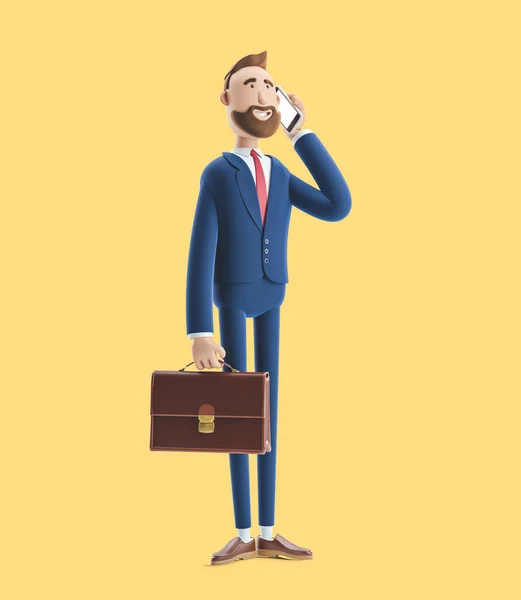 Персонаж мультфильма Билли с чемоданом, разговаривающим по телефону. 3D иллюстрация на жёлтом фоне — стоковое фото