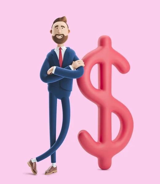 商人比利在粉红色的背景上用大美元标志。3d 插图 — 图库照片
