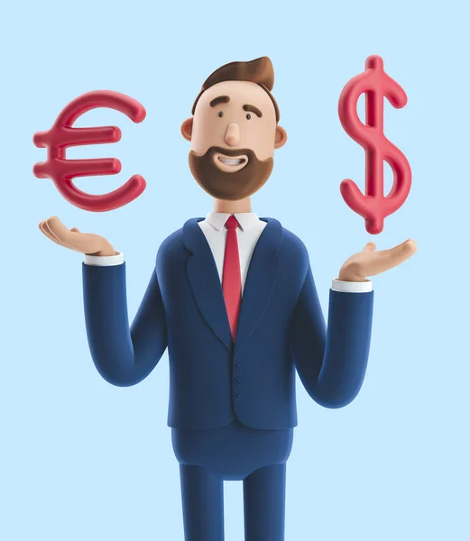 Homme d'affaires Billy avec grand euro et signe dollar sur fond bleu. Illustration 3d — Photo