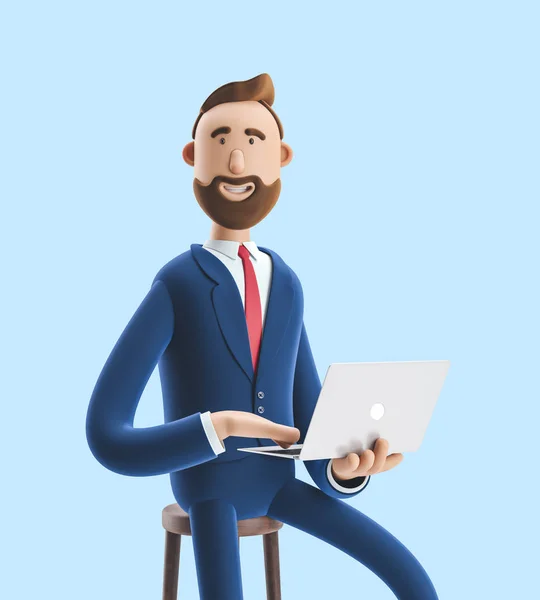 3d 插图。一个英俊的商人的肖像与笔记本电脑的蓝色背景. — 图库照片