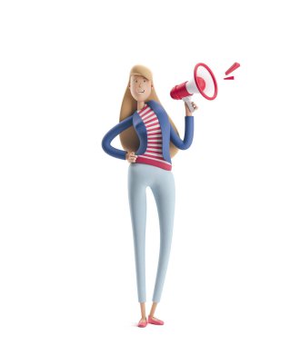 3D Illustration. Genç iş kadını Emma beyaz bir arka planda hoparlör ile ayakta.