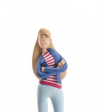 3D Illustration. Genç iş kadını Emma beyaz bir arka planda ayakta.
