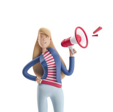 3D Illustration. Genç iş kadını Emma beyaz bir arka planda hoparlör ile ayakta.