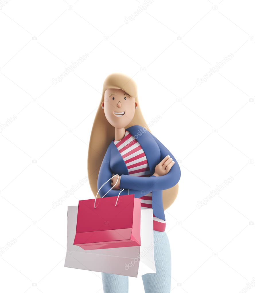 3d illustration. Young business woman Emma standing with bags from stores on a white background.