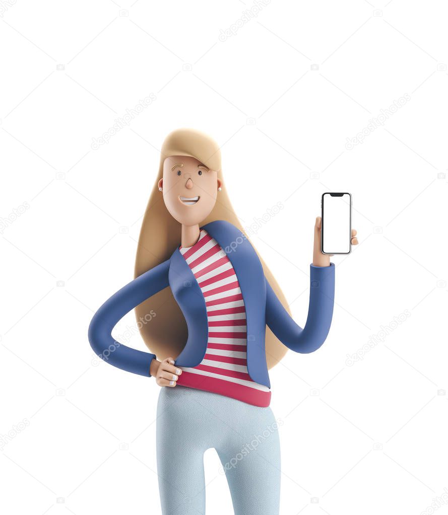 3d illustration. Young business woman Emma standing with phone on a white background.