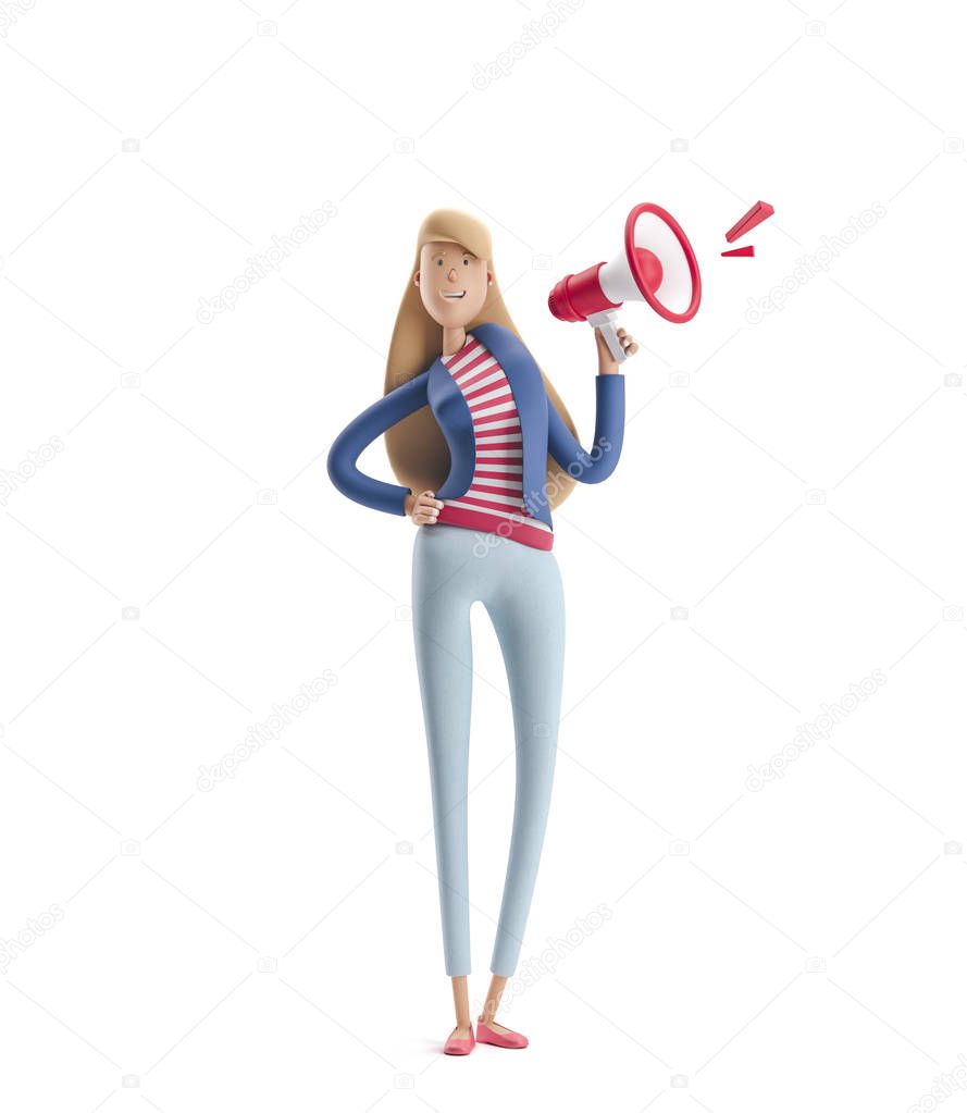 3d illustration. Young business woman Emma standing with speaker on a white background.