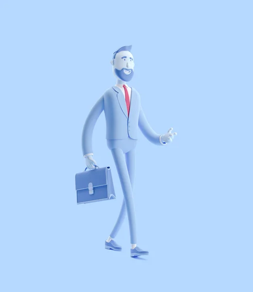 3d illustration.Businessman Billy with a case walking. Businessman Billy in blue color.