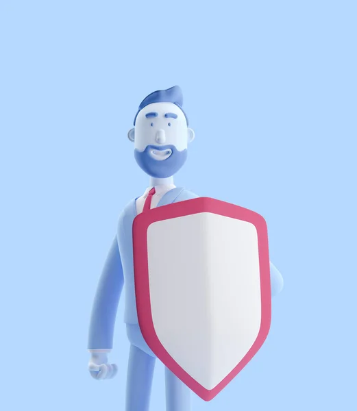 3d illustration. Businessman Billy with shield. Safety and protection in business. Businessman Billy in blue color.