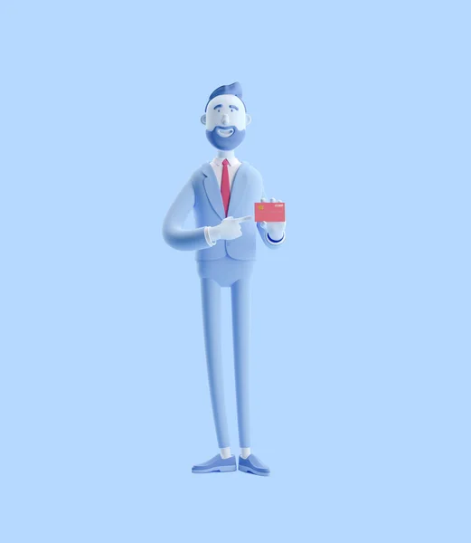 3d illustration. Businessman holding credit card. Businessman Billy in blue color.