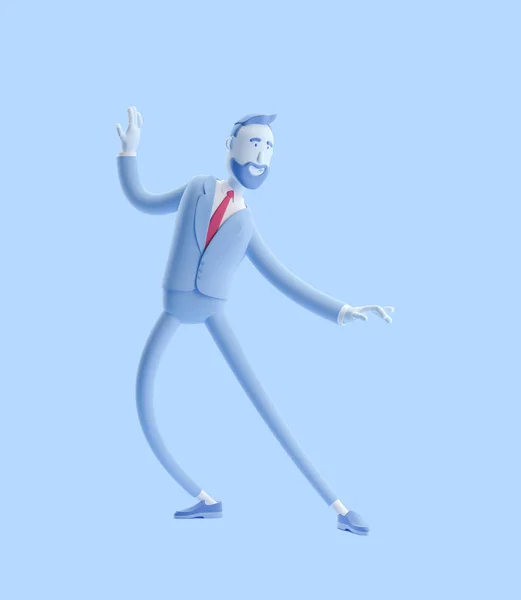 Ilustración 3d. Retrato de un hombre de negocios guapo bailando expresión feliz. Empresario Billy en color azul . —  Fotos de Stock