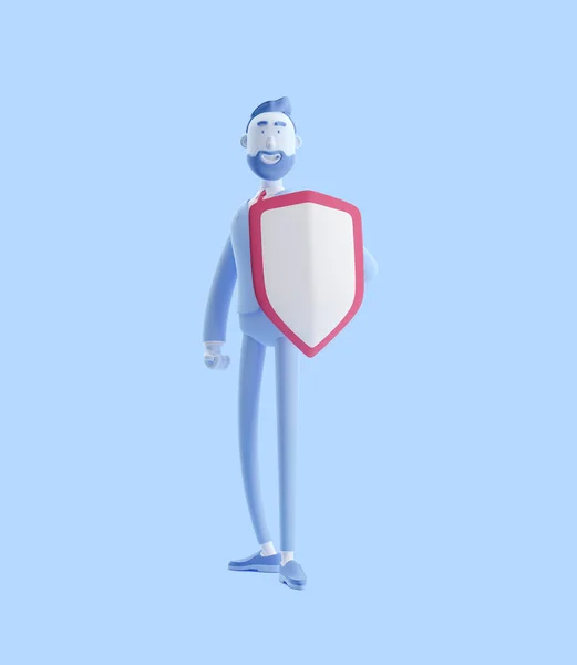 3d иллюстрация. Бизнесмен Билли со щитом. Безопасность и защита в бизнесе. Бизнесмен Билли голубого цвета . — стоковое фото
