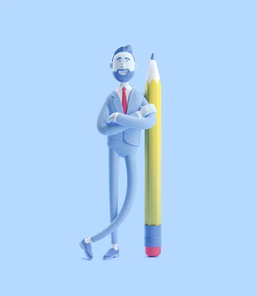 3D-illustratie. Zakenman Billy met een groot potlood. Zakenman Billy in blauwe kleur. — Stockfoto