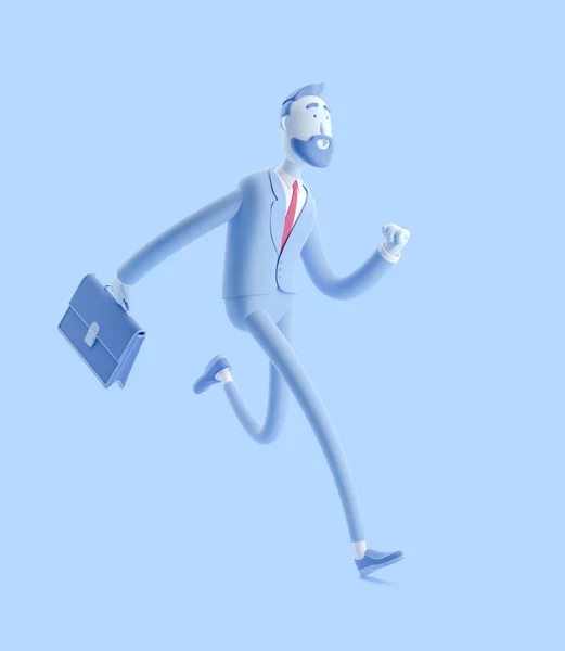 3d illustration.Businessman Billy with a case running. Businessman Billy in blue color.