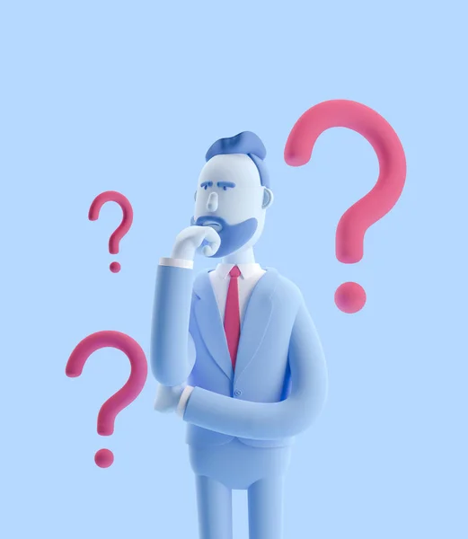 3d illustration. Businessman Billy looking for a solution. Businessman Billy in blue color.