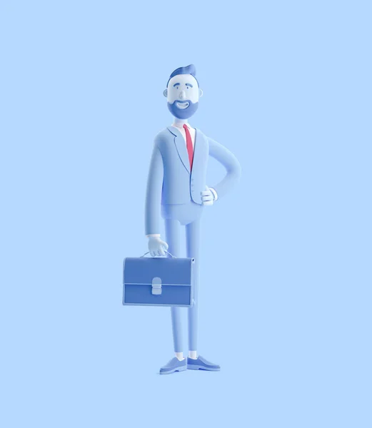 3d illustration. Portrait of a handsome businessman Billy stand with case. Businessman Billy in blue color. — Stock Photo, Image