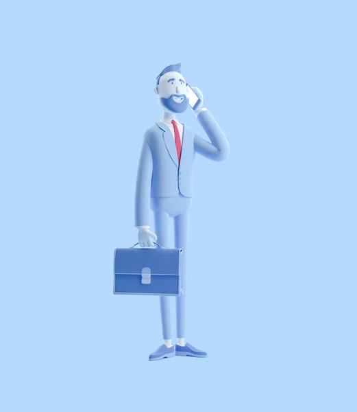 3D ilustrace. Obchodník Billy s případem, který mluví po telefonu. Obchodník Billy v modré barvě. — Stock fotografie