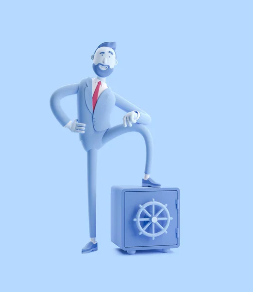 3d illustration. Businessman Billy with safe and gold. Businessman Billy in blue color.