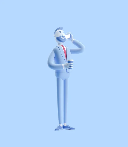 3d illustration. Businessman talking on the phone and holding coffee. Businessman Billy in blue color.