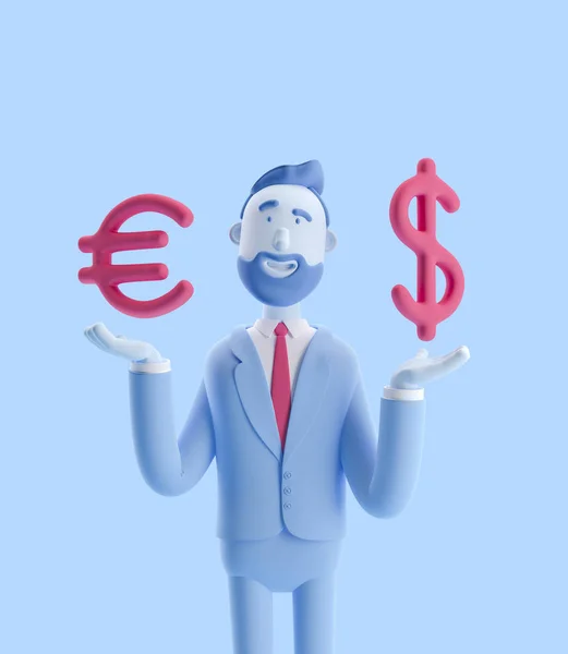 3d illustration. Businessman Billy with big euro and dollar sign. Businessman Billy in blue color.