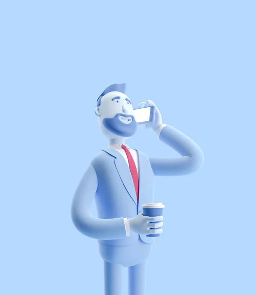 Zeichentrickfigur telefoniert und hält Kaffee. 3d illustration.businessbilly in blauer Farbe. — Stockbild 3D-Illustration. Geschäftsmann telefoniert und hält Kaffee. Geschäftsmann Billy in blauer Farbe. — Stockfoto