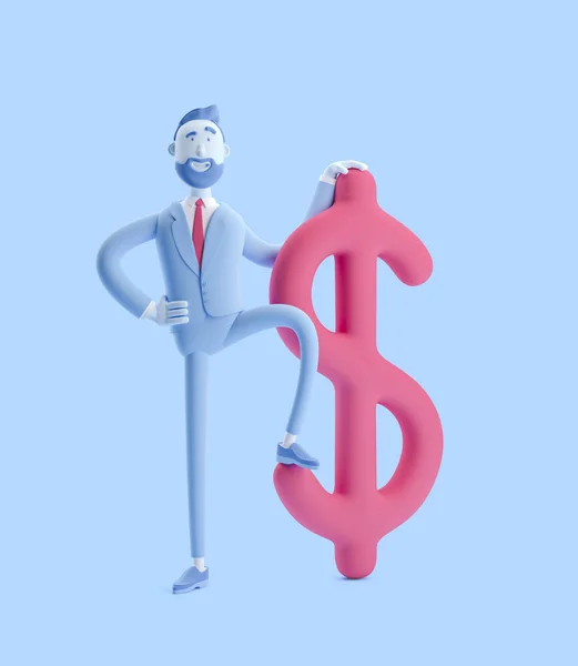 Εικονογράφηση 3D. Ο επιχειρηματίας Μπίλυ με το μεγάλο σύμβολο του δολαρίου. Ο επιχειρηματίας Μπίλυ με μπλε χρώμα. — Φωτογραφία Αρχείου