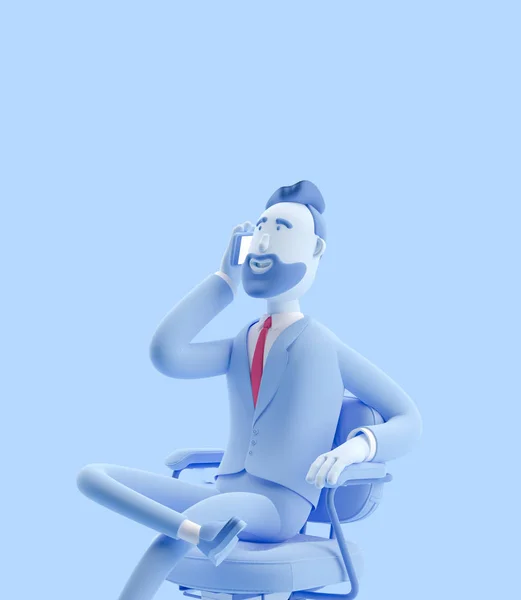 3D-Illustration. Porträt eines gutaussehenden Geschäftsmannes, der auf einem Bürostuhl sitzt und telefoniert. Geschäftsmann Billy in blauer Farbe. — Stockfoto