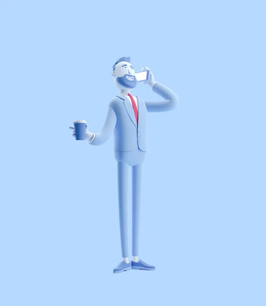 3d illustration. Businessman talking on the phone and holding coffee. Businessman Billy in blue color.