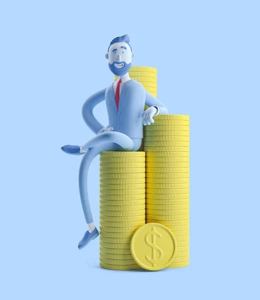 Ilustración 3d. Retrato de un hombre de negocios guapo Billy con una pila de dinero. Empresario Billy en color azul . —  Fotos de Stock