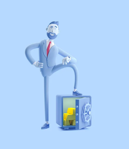 3d illustration. Businessman Billy with safe and gold. Businessman Billy in blue color.