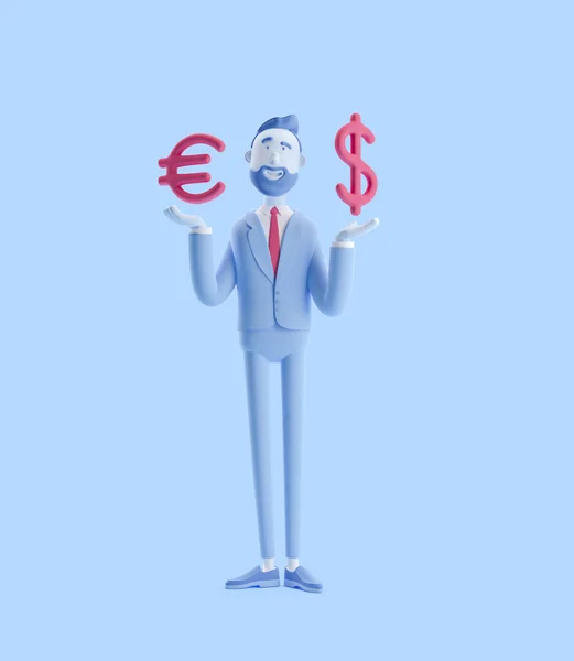 3d illustration. Businessman Billy with big euro and dollar sign. Businessman Billy in blue color.