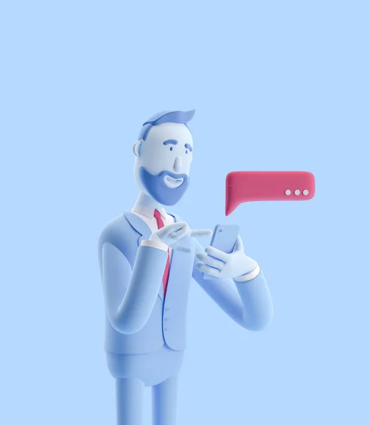 3d illustration. Businessman send message from phone. Businessman Billy in blue color. — Stock Photo, Image