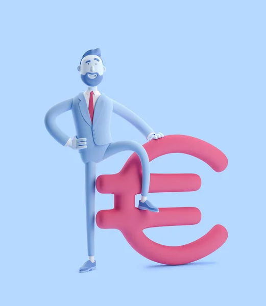 Illustration 3D. Homme d'affaires Billy avec grand signe d'euro. Homme d'affaires Billy de couleur bleue . — Photo