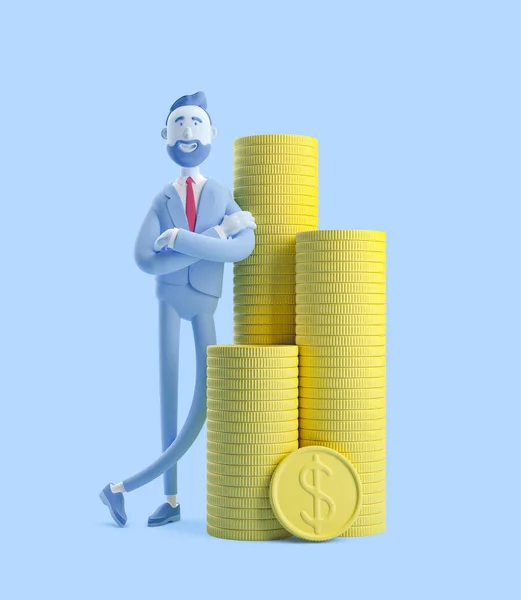 3Dイラスト。お金の山を持つハンサムなビジネスマンビリーの肖像画。青色のビジネスマンビリー. — ストック写真