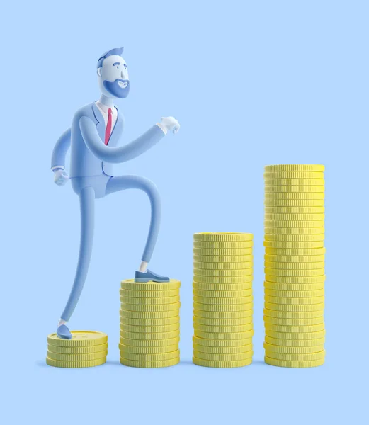 Εικονογράφηση 3D. Το πορτραίτο ενός όμορφου επιχειρηματία, του Μπίλυ με μια στοίβα λεφτά. Ο επιχειρηματίας Μπίλυ με μπλε χρώμα. — Φωτογραφία Αρχείου
