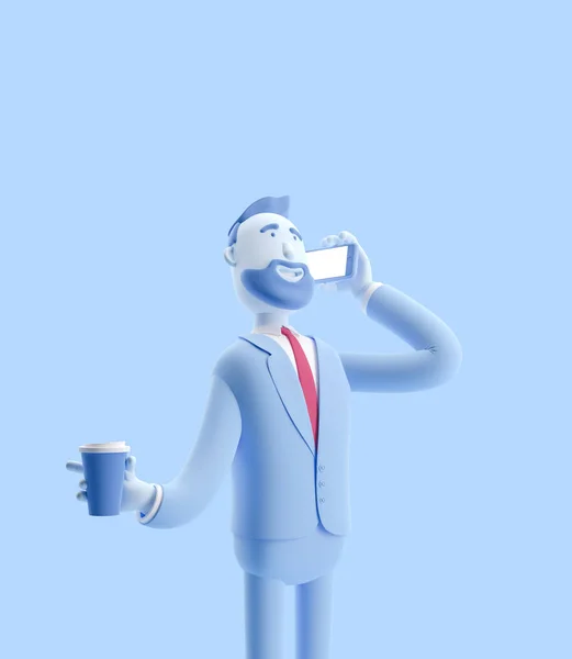 Ilustracji 3D. Biznesmen rozmawiając przez telefon i trzymając kawę. Biznesmen Billy w kolorze niebieskim. — Zdjęcie stockowe