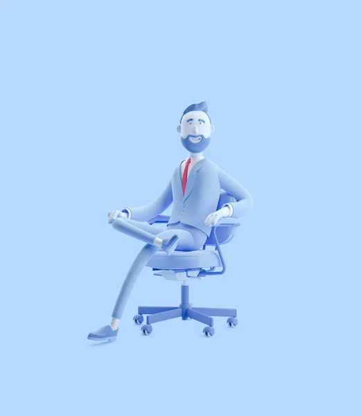 Ilustracji 3D. Portret przystojnego biznesmena siedzącego na krześle biurowym. Biznesmen Billy w kolorze niebieskim. — Zdjęcie stockowe