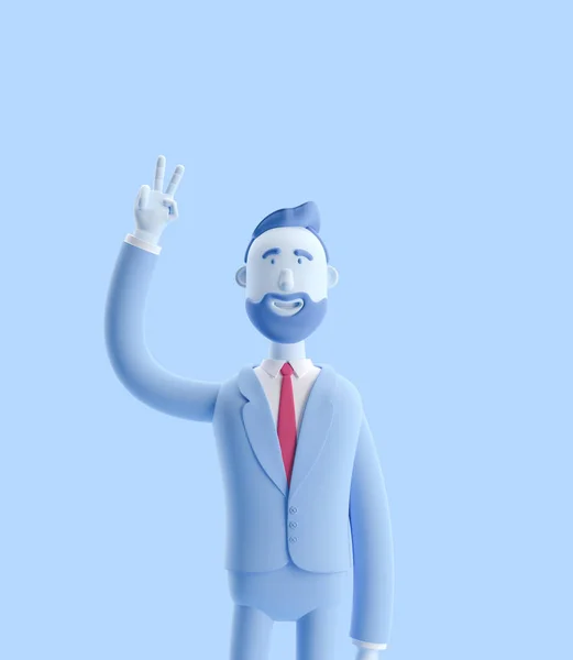 3d illustration. Portrait of a handsome businessman showing victory sign. Businessman Bill yin blue color. — Stock Photo, Image