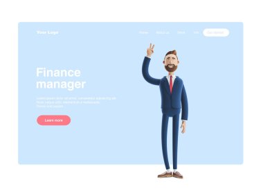 3d illüstrasyon. Zafer işareti gösteren yakışıklı bir işadamının portresi. Web banner, başlangıç sitesi sayfası, infographics, kavram.
