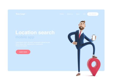 3d illüstrasyon. Telefon ve iğneile yakışıklı bir işadamıportresi. Gps konsepti. Web banner, başlangıç sitesi sayfası, infographics.