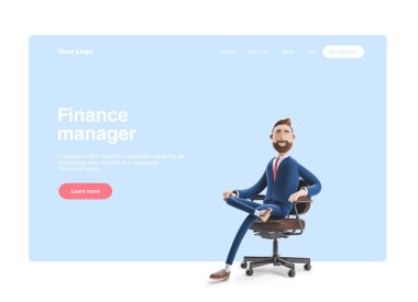 3d illüstrasyon. Ofis sandalyesinde oturan yakışıklı bir işadamının portresi. Web banner, başlangıç sitesi sayfası, infographics, ofis yöneticisi kavramı.