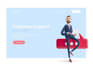 3d illüstrasyon. Dizüstü bilgisayar ve kabarcık konuşma ile yakışıklı bir işadamı portresi. Konuşma konsepti. Web banner, başlangıç sitesi sayfası, infographics, müşteri destek konsepti.