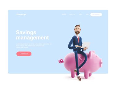 3d illüstrasyon. Kumbaralı yakışıklı bir işadamının portresi. Güvenli para depolama konsepti. Web banner, başlangıç sitesi sayfası, infographics.