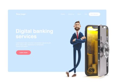 3d illüstrasyon. İşadamı Billy'nin kasa şeklinde bir telefonu var. Mobil bankacılık konsepti. Online Banka. Web banner, başlangıç sitesi sayfası, infographics.