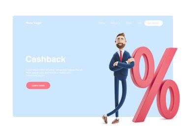 3d illüstrasyon. İşadamı Billy ve büyük bir simge. Konsept iş faiz oranı. Web banner, başlangıç sitesi sayfası, infographics, cashback kavramı.