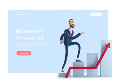 3d illustration. Businessman Billy goes to success. Concept of financial growth. Dashboard with the analysis of finance. Web banner, start site page, infographics, career ladder concept. clipart