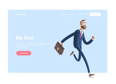 3d illüstrasyon. İşadamı Billy'nin davası devam ediyor. Web afiş, başlangıç sitesi sayfası, infographics, liderlik kavramı.