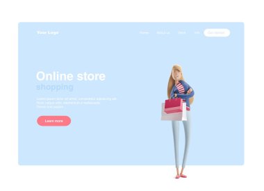 3d illüstrasyon. Genç iş kadını Emma mavi bir arka plan üzerinde mağazalardan çanta ile ayakta. Web banner, başlangıç sitesi sayfası, infographics, alışveriş ve online alışveriş konsepti.