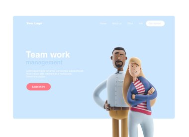 3d illüstrasyon. İşadamı Stanley ve Emma mavi arka planda duruyorlar. Web banner, başlangıç sitesi sayfası, infographics, takım çalışması kavramı.