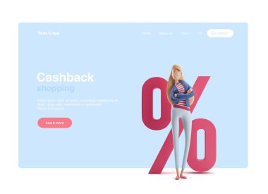 3d illustration. Young business woman Emma standing with big percent sign on a blue background. Web banner, start site page, infographics, cashback or sale concept.